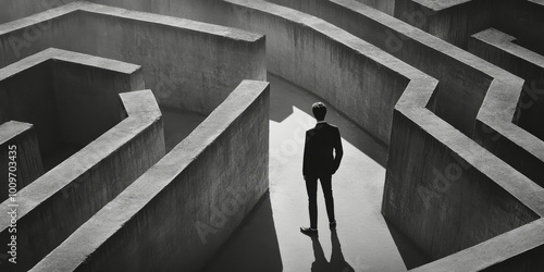 A man reflects on choices in a complex concrete maze, exploring indecision and clarity