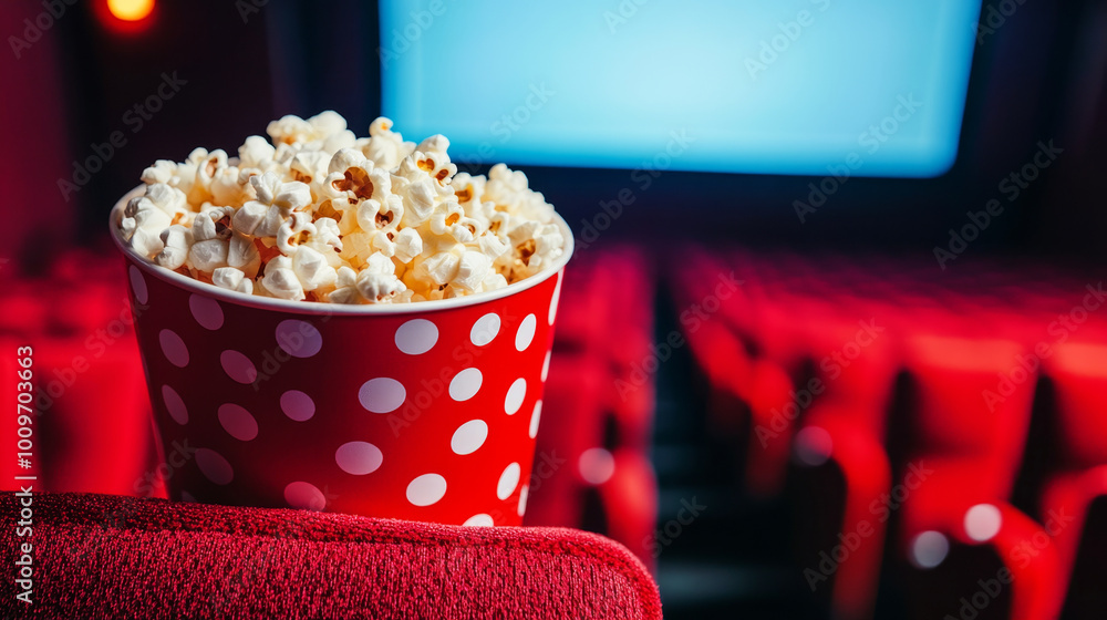 Enjoying a classic movie theater experience with a red polka-dotted popcorn bucket and comfy seating Enjoying a classic movie theater experience with a red polka-dotted popcorn bucket and comfy seating