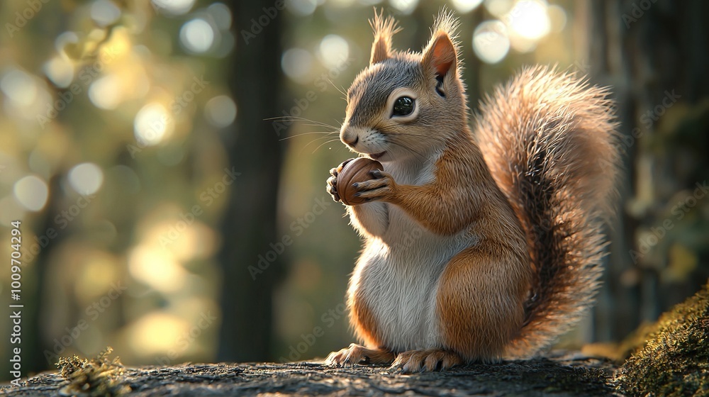 Obraz premium A squirrel on top of a tree trunk eating food in a forest surrounded by trees