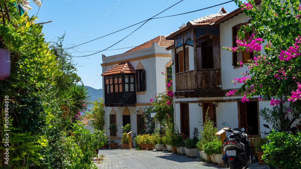 Obraz premium Mediterranean style houses with wooden balcony surrounded by green plants and bougainvillea in Kas, Turkey. Walking around city