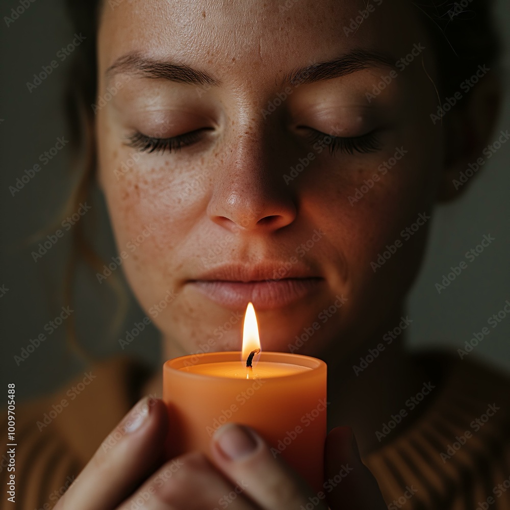 Woman Smelling Candle: Relaxation and Mindfulness