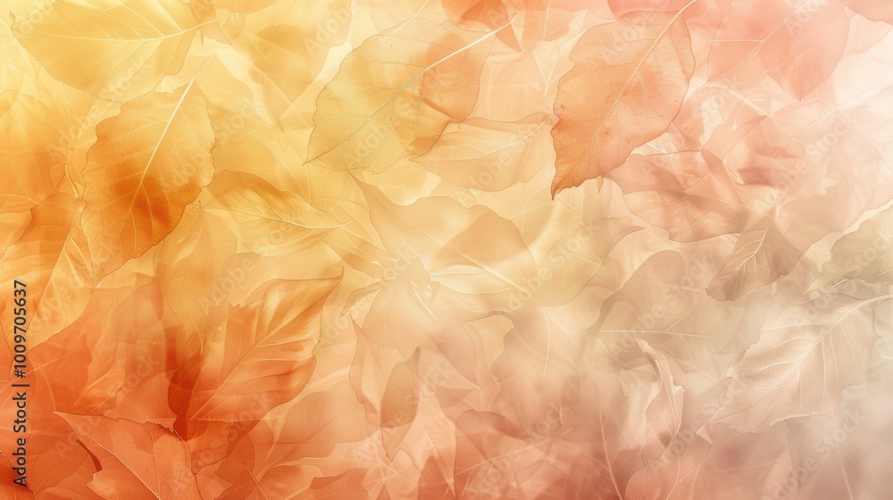 Fototapeta premium Soft Autumn Background with Delicate Translucent Leaf Patterns in Pastel Oranges, Yellows, and Browns