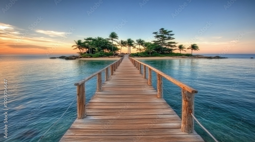 Obraz premium A peaceful wooden walkway stretches toward a tropical island, flanked by palm trees, while the sun sets over the calm, crystal-clear waters creating a serene atmosphere