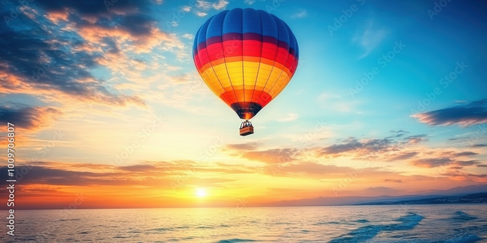 Fototapeta premium hot air balloon over the sea at sunset photo