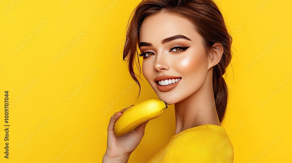 A woman with a yellow background holds a banana in her right hand and poses A woman with a yellow background holds a banana in her right hand and poses