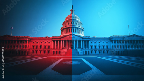 A dynamic illustration of a divided US Capitol depicting the struggle between Democrats and Republicans