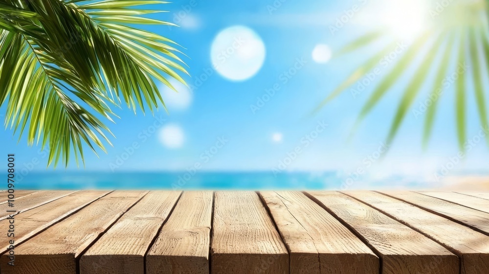 An ocean view is depicted with palm trees in the background, with copy space displayed in a montage Stock image An ocean view is depicted with palm trees in the background, with copy space displayed in a montage Stock image