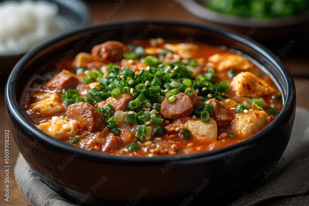 Savoring a warm bowl of Budae Jjigae filled with delicious ingredients on a cozy evening gathering Savoring a warm bowl of Budae Jjigae filled with delicious ingredients on a cozy evening gathering