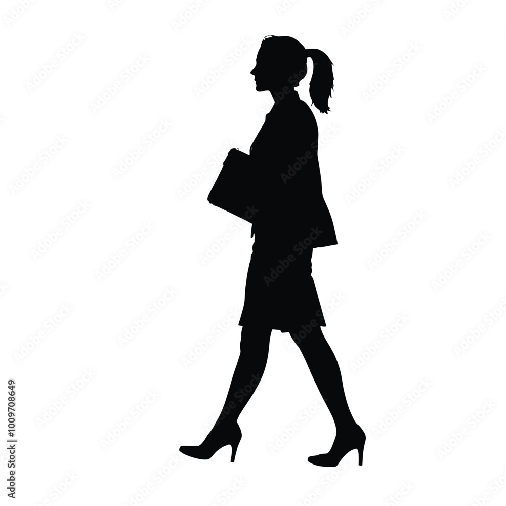 A silhouette of a young woman walking, carrying a briefcase at dawn in a busy street with clear skies white background A silhouette of a young woman walking, carrying a briefcase at dawn in a busy street with clear skies white background