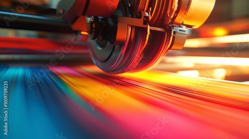 high quality printing with a close-up of a large format printer head applying vibrant colors on paper showcasing precision technology and professional standards in large scale print production photo