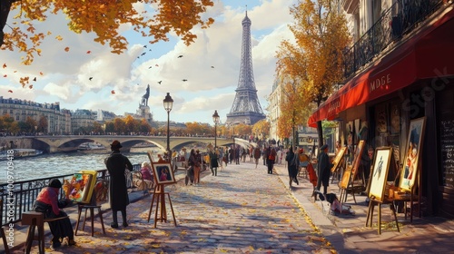 Fototapeta Naklejka Na Ścianę i Meble -  streetlife in Paris with people on the Seine, painters with works of art, Eiffel Tower and street cafes, Ai generated