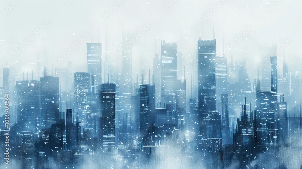 Abstract Winter City Skyline with Tall Buildings in Misty Snow for Modern Posters and Designs Abstract Winter City Skyline with Tall Buildings in Misty Snow for Modern Posters and Designs