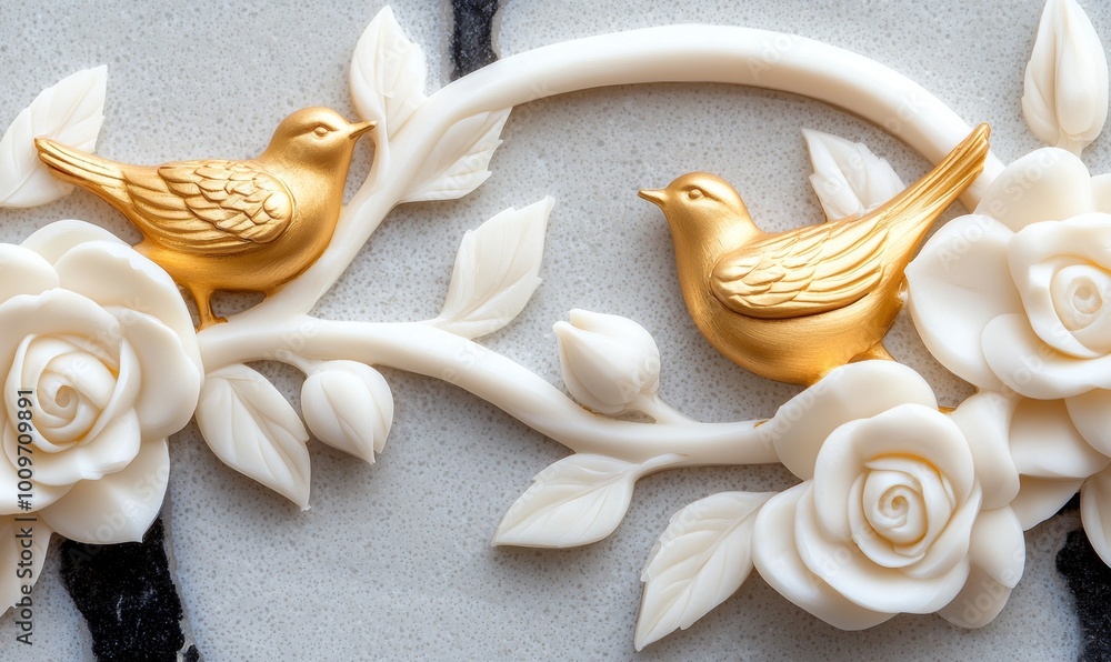 Flying golden birds on marble background with golden rosses wallpaper in 3D Flying golden birds on marble background with golden rosses wallpaper in 3D