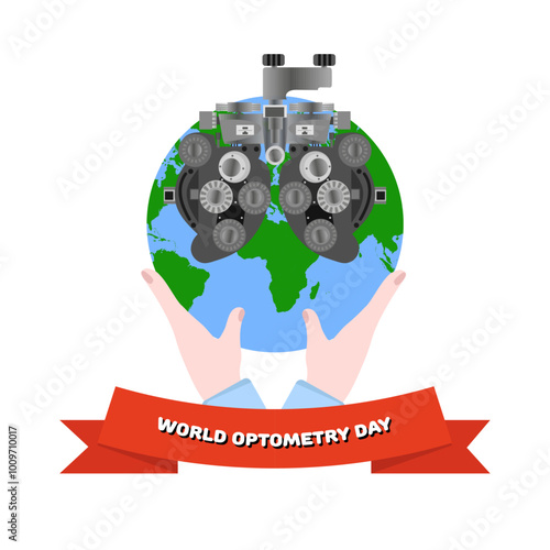 World optometry day. Earth and optometry eye examination in hands