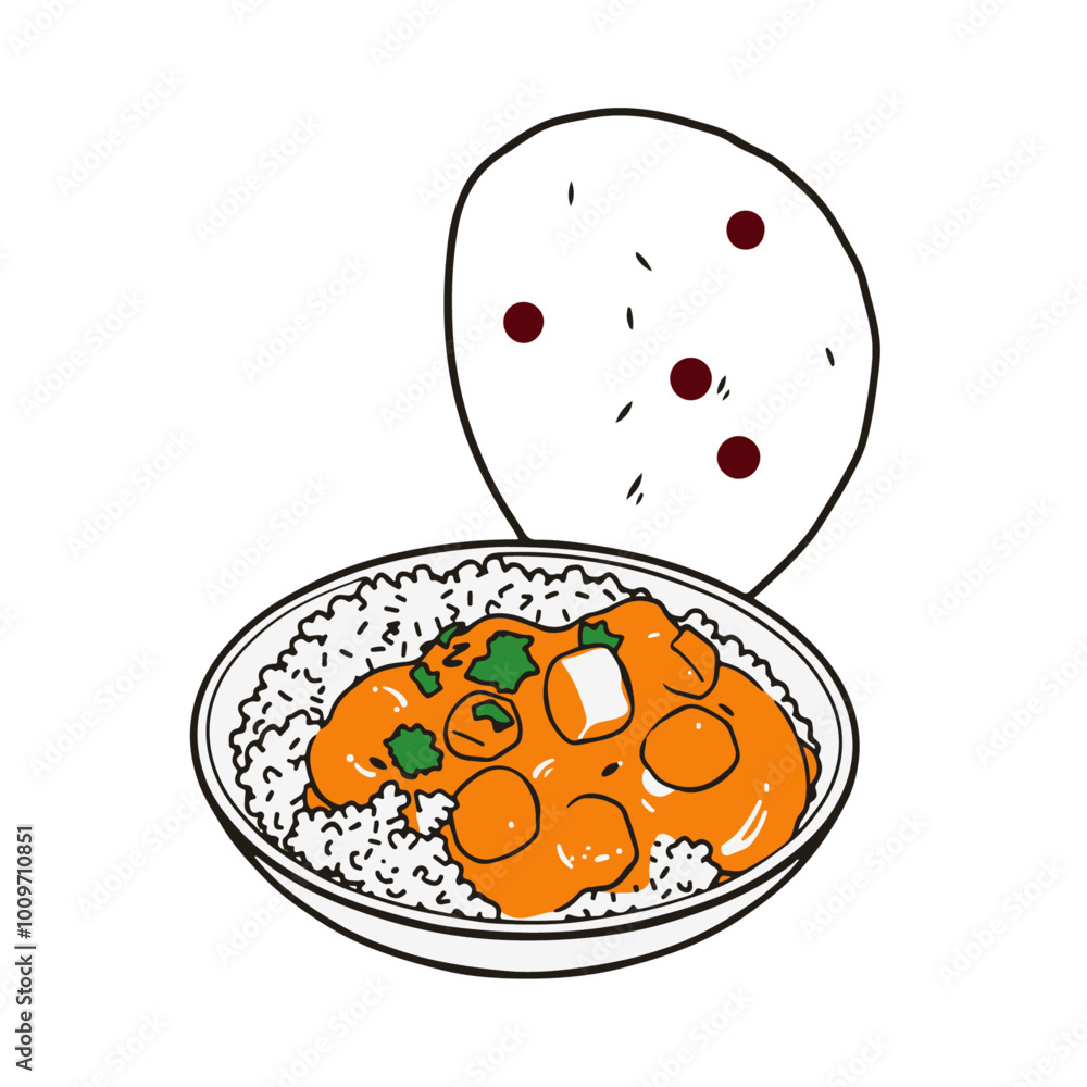 Indian Paneer Butter Masala with Rice and Naan – Rich and Creamy Curry Black Outline Vector Illustration Indian Paneer Butter Masala with Rice and Naan – Rich and Creamy Curry Black Outline Vector Illustration
