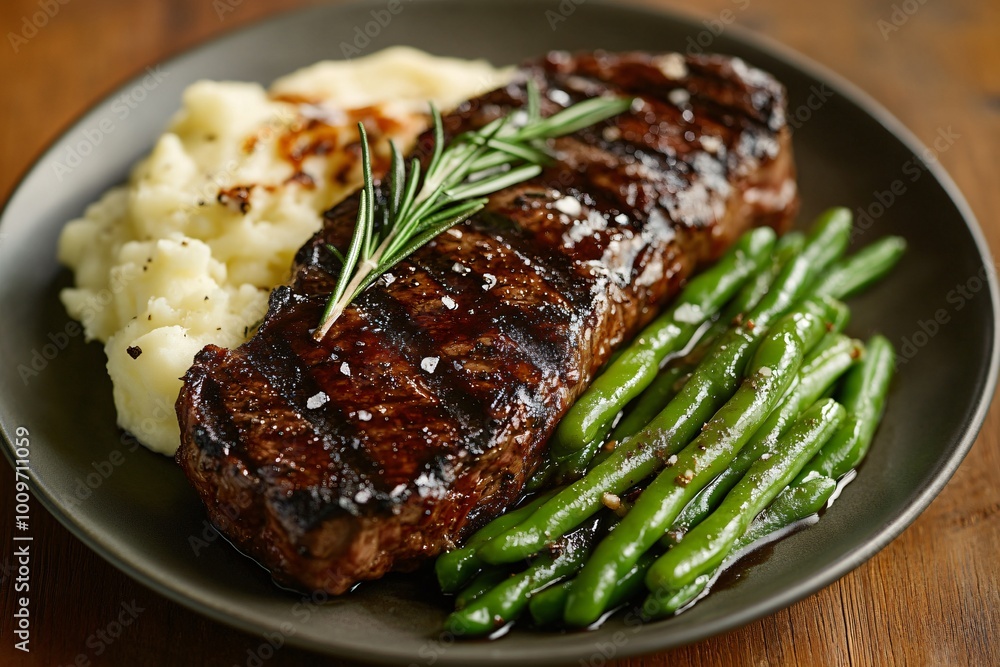 Φωτογραφία A delicious meal of grilled steak, mashed potatoes, and green beans on a black plate