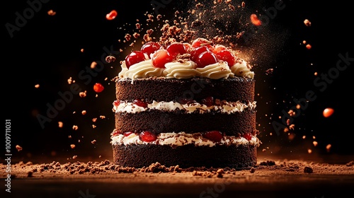 Towering Black Forest cake, chocolate sponge cake layered with cherries and cream photo