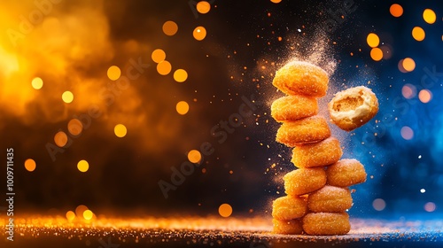 Towering croquembouche, pyramid of cream puffs bound with spun sugar photo