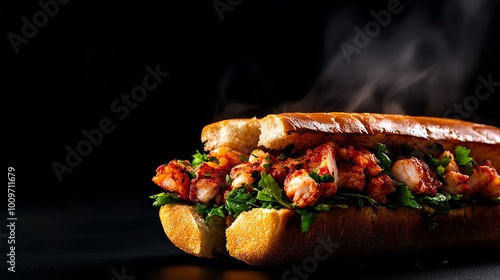 Towering lobster roll, chunks of succulent meat in splittop bun photo