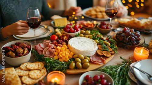 Cheese platter with assorted cheeses, vegetables, fruits, crackers, olives, snacks, grapes on table, friends gathering for family dinner, enjoying wine and conversation