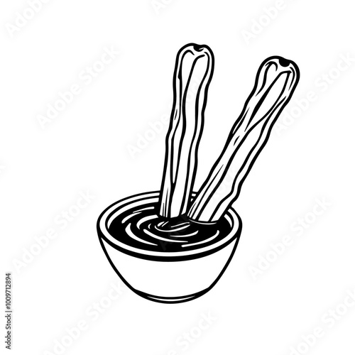 Spanish Churros with Chocolate Sauce – Popular Fried Pastry Black Outline Vector Illustration