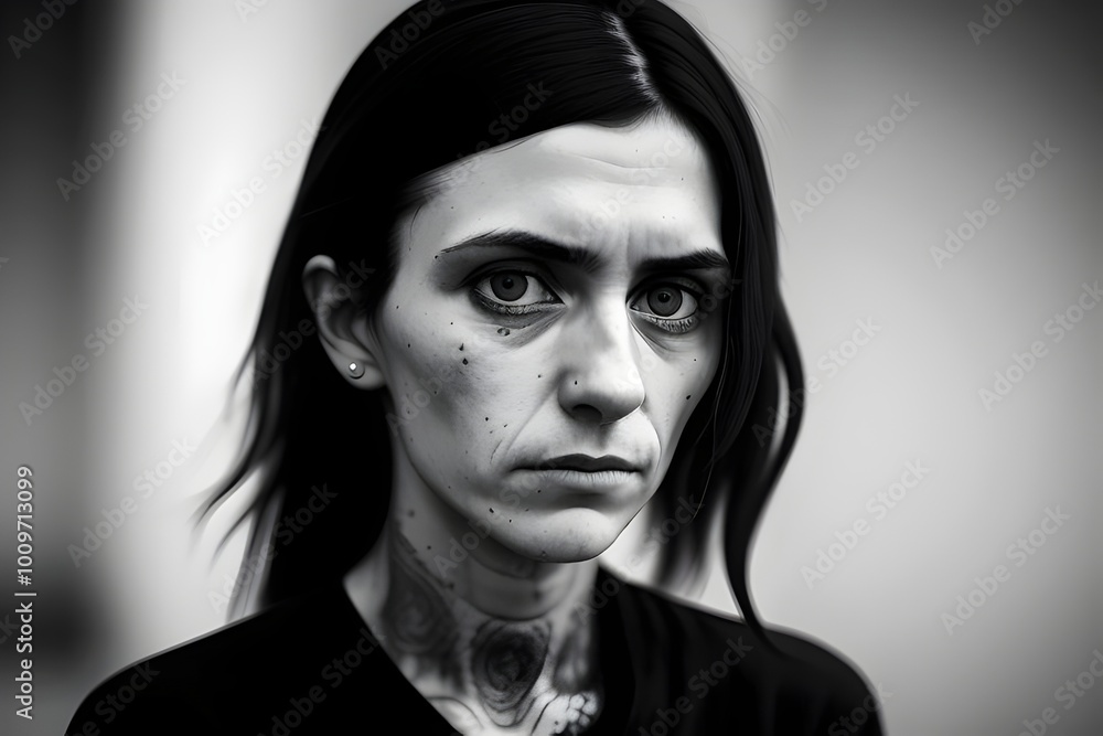 A stark, black-and-white portrait of a sad tired emaciated young heroin addicted woman in her mid-twenties, drugs, addict, addiction, desolate, despair, vulnerable, gaunt, struggle, hollow, isolation, A stark, black-and-white portrait of a sad tired emaciated young heroin addicted woman in her mid-twenties, drugs, addict, addiction, desolate, despair, vulnerable, gaunt, struggle, hollow, isolation,