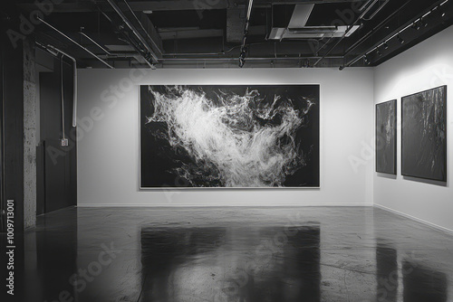 Captivating Monochrome Masterpiece: A Stunning Installation Shot of a 12ft x 18ft Abstract Charcoal Drawing photo