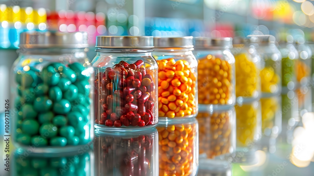Colorful capsules in transparent glass jars on a reflect
