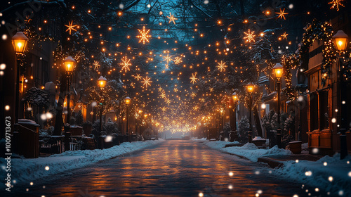  Enchanting snowy street at night with glowing Christmas lights and decorations