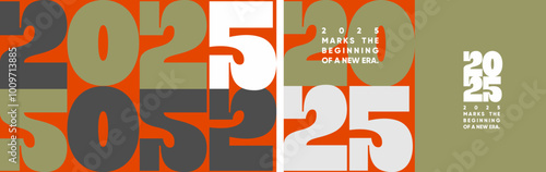 Bold vector illustrations featuring 2025 in large typography, modern geometric layouts, muted earthy tones, and striking compositions for contemporary designs.
