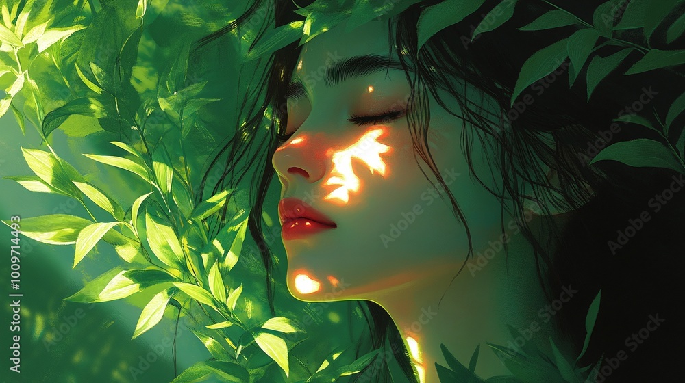 serene nature-inspired illustration of a woman’s face blending into lush green foliage, celebrating feminine beauty and the peaceful connection with nature serene nature-inspired illustration of a woman’s face blending into lush green foliage, celebrating feminine beauty and the peaceful connection with nature