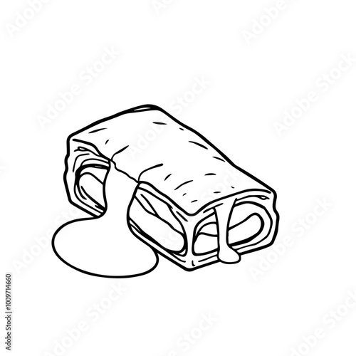 German Apple Strudel with Vanilla Sauce – A Sweet Pastry Classic Offered in Black Outline Vector Illustration