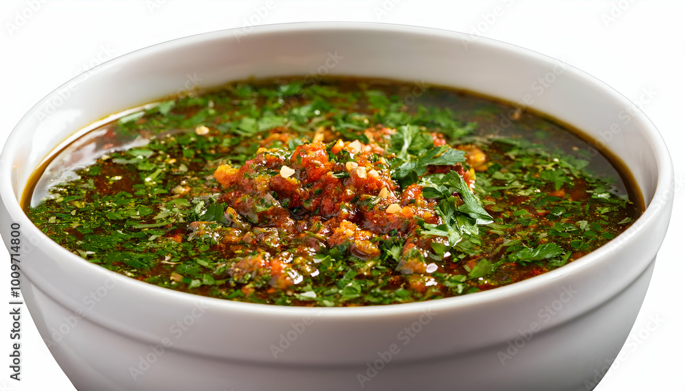 Herbaceous sauce in a white bowl, perfect for adding a kick to any dish. Herbaceous sauce in a white bowl, perfect for adding a kick to any dish.