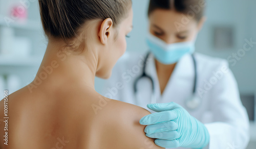 Mammologist doctor performing breast examination and palpation for early detection of breast cancer, woman undergoing check-up in clinic during Breast Cancer Awareness Month photo