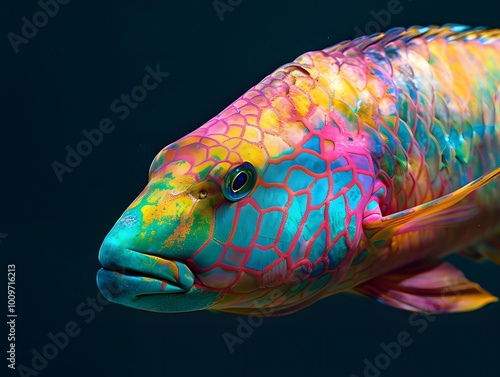 Colorful Parrot fish Close-Up Studio Portrait with Dark background photo