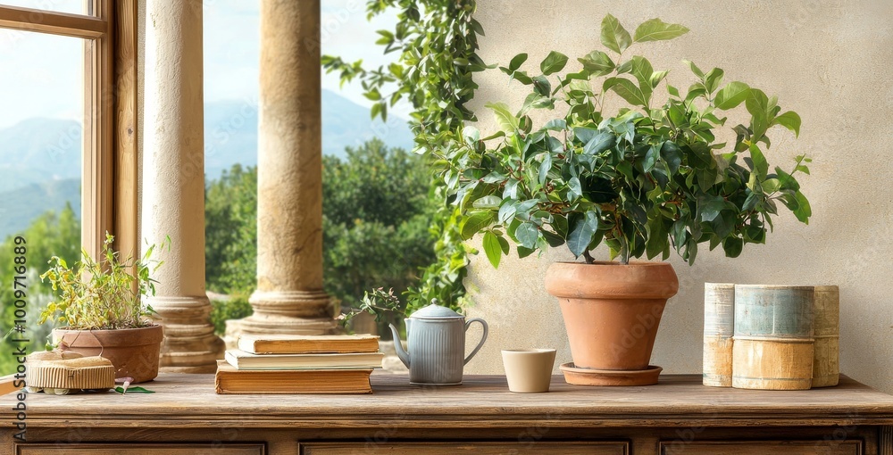 An illustration of a toscana garden. Use for interiors, wallpapers, murals, posters, cards, packaging, home decor, etc. An illustration of a toscana garden. Use for interiors, wallpapers, murals, posters, cards, packaging, home decor, etc.