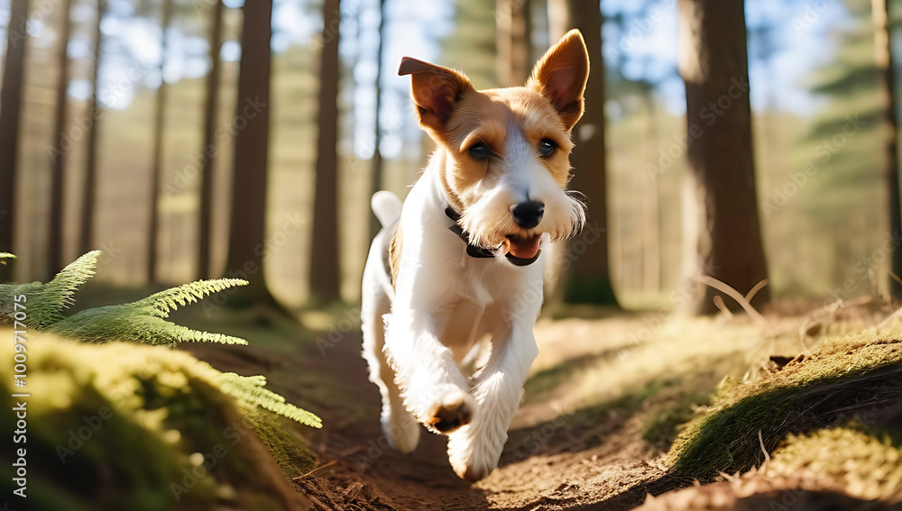 fox terrier dog running sunny forest energetic playful pet enjoying nature fox terrier dog running sunny forest energetic playful pet enjoying nature