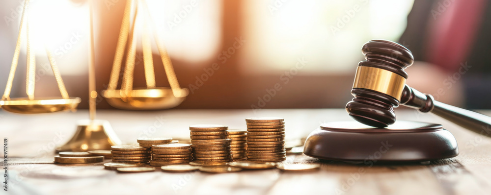 Judicial gavel beside stacks of golden coins symbolizing the intersection of justice and corruption Judicial gavel beside stacks of golden coins symbolizing the intersection of justice and corruption