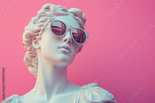 Statue of a Greek goddess. Plaster bust of a young girl in sunglasses on a pink background. Generated by artificial intelligence photo