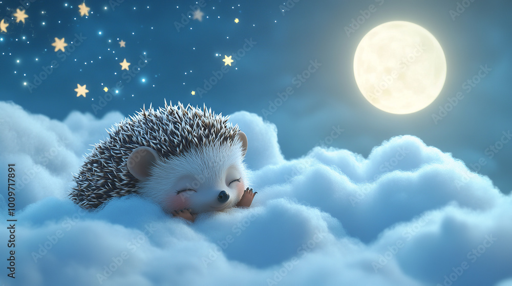 Obraz premium 3D animation, cartoon of a baby hedgehog laying on clouds with a moon and stars above it