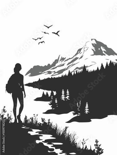 A silhouette of a hiker standing beside a mountain range, admiring the scenery and birds in the sky. Perfect for outdoor and adventure-themed designs.