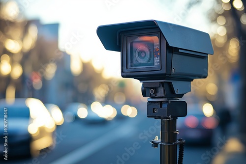 Traffic Surveillance Speed Camera Observing Activities in an Urban Environment at Dusk Time