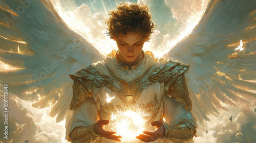 A celestial angel with large, white wings spread wide. The angel has a youthful face, curly hair, and an expression of serenity and power photo