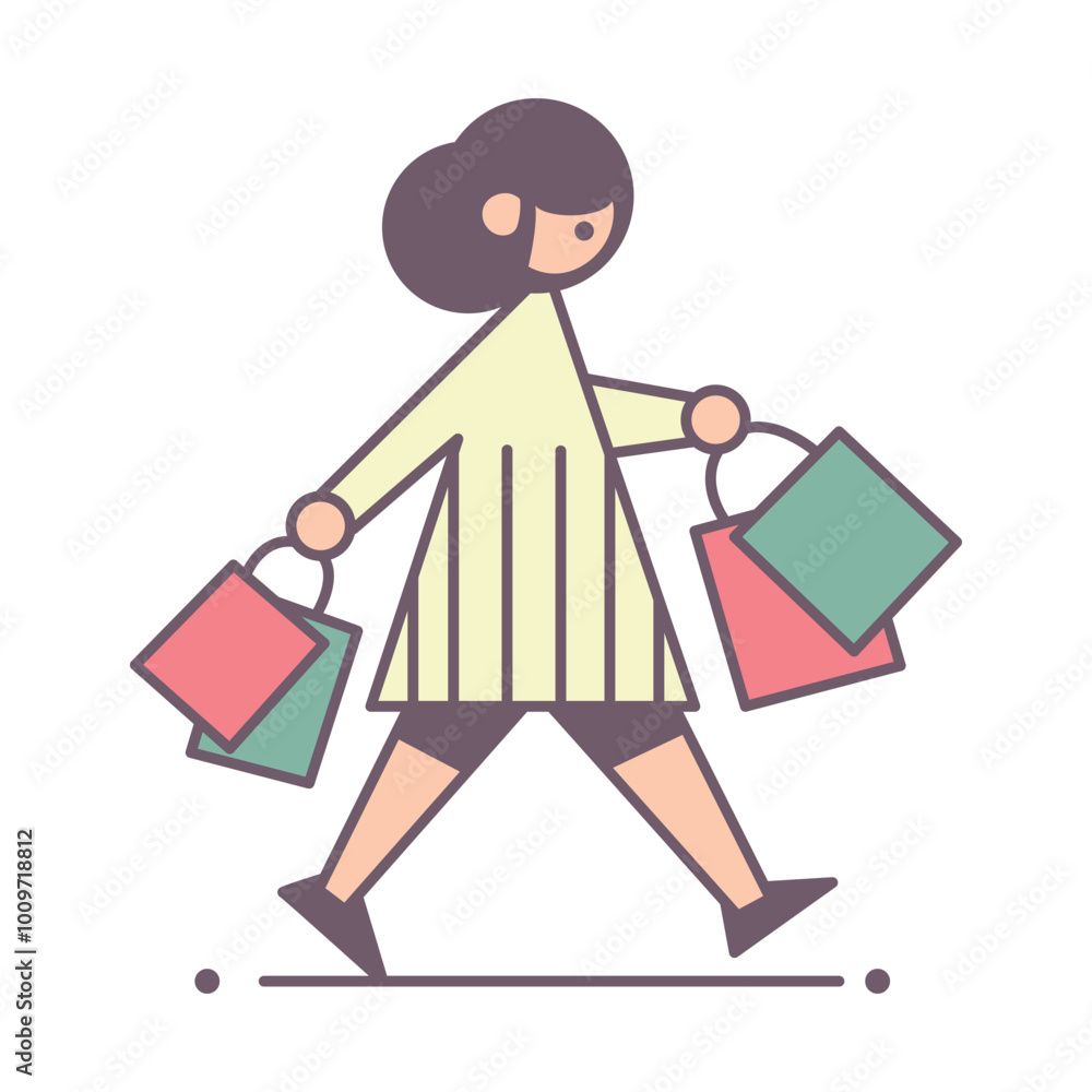 Young woman walking holding shopping bags. Flat vector style illustration. Young woman walking holding shopping bags. Flat vector style illustration.