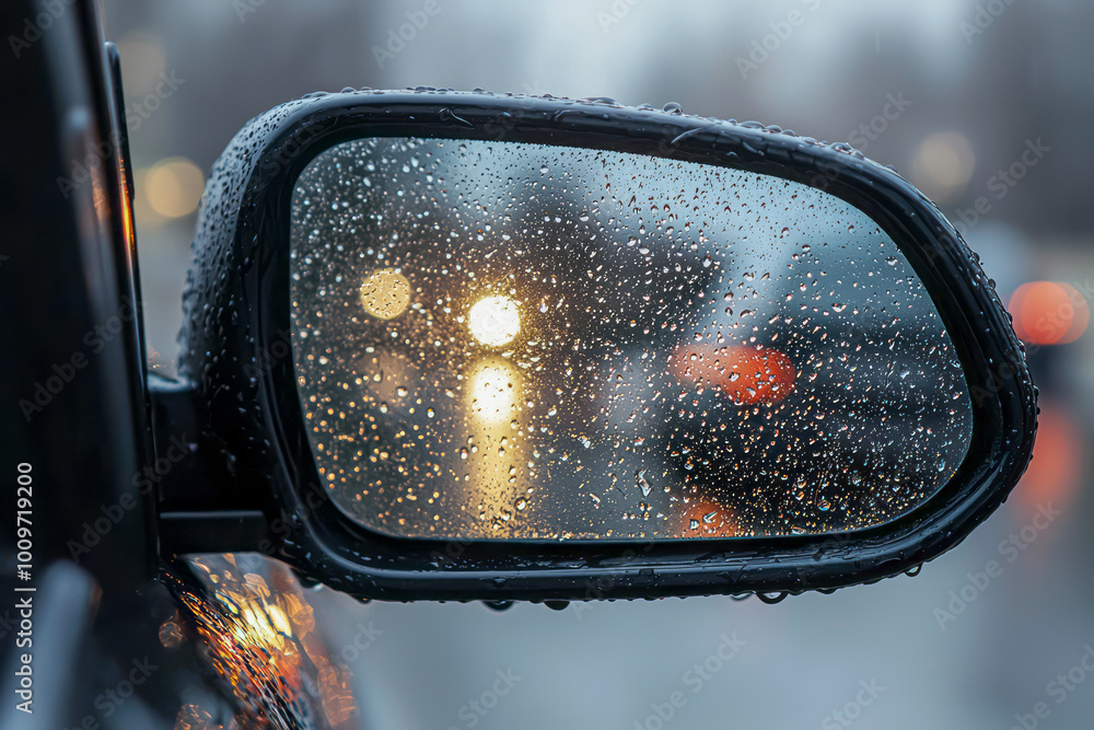Obscured Views: Raindrops Blur Visibility on Car Side Mirror in Bad Weather Obscured Views: Raindrops Blur Visibility on Car Side Mirror in Bad Weather