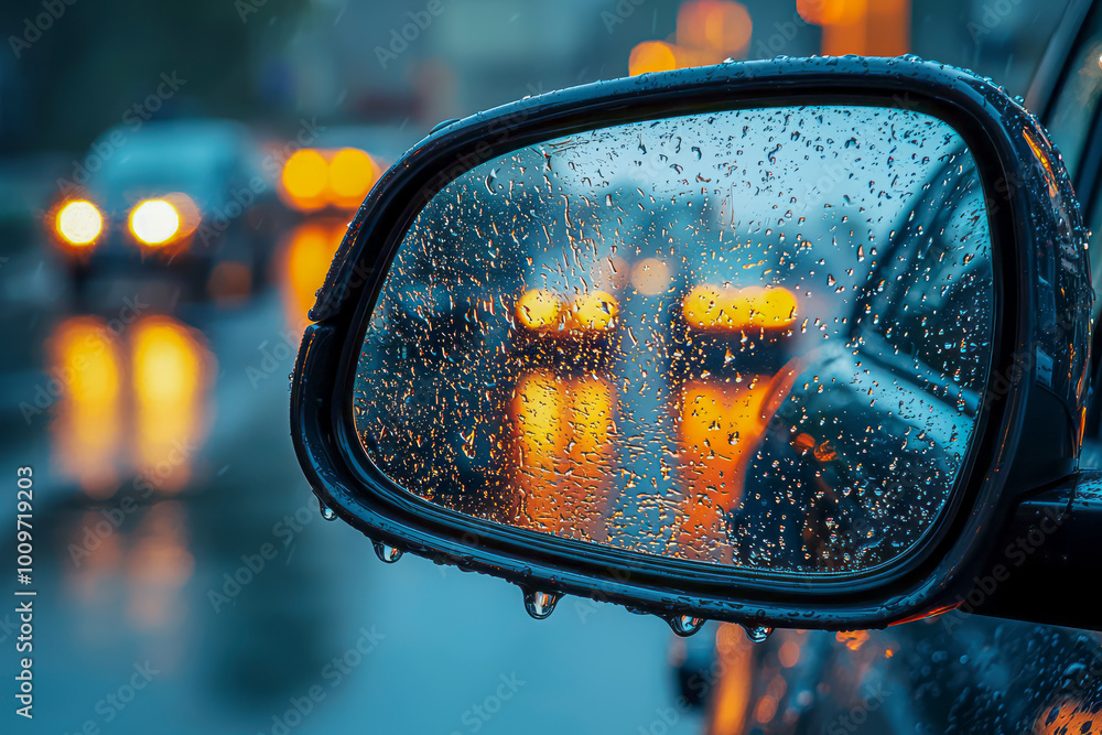 Obscured Views: Raindrops on a Car's Side Mirror in Inclement Weather Obscured Views: Raindrops on a Car's Side Mirror in Inclement Weather