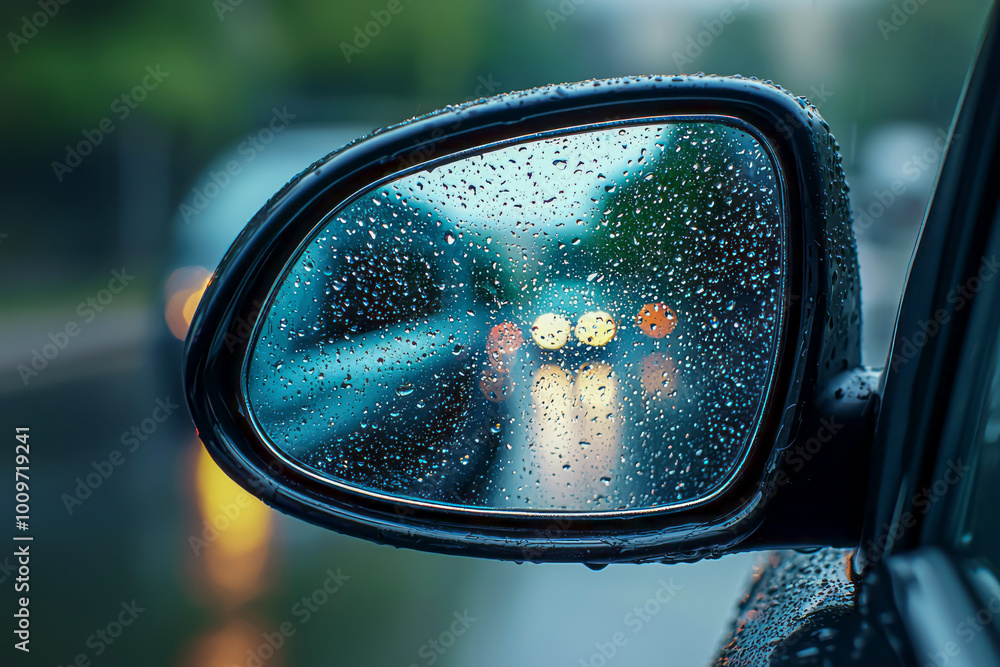 Obscured Views: Raindrops on a Car Mirror in Bad Weather Obscured Views: Raindrops on a Car Mirror in Bad Weather