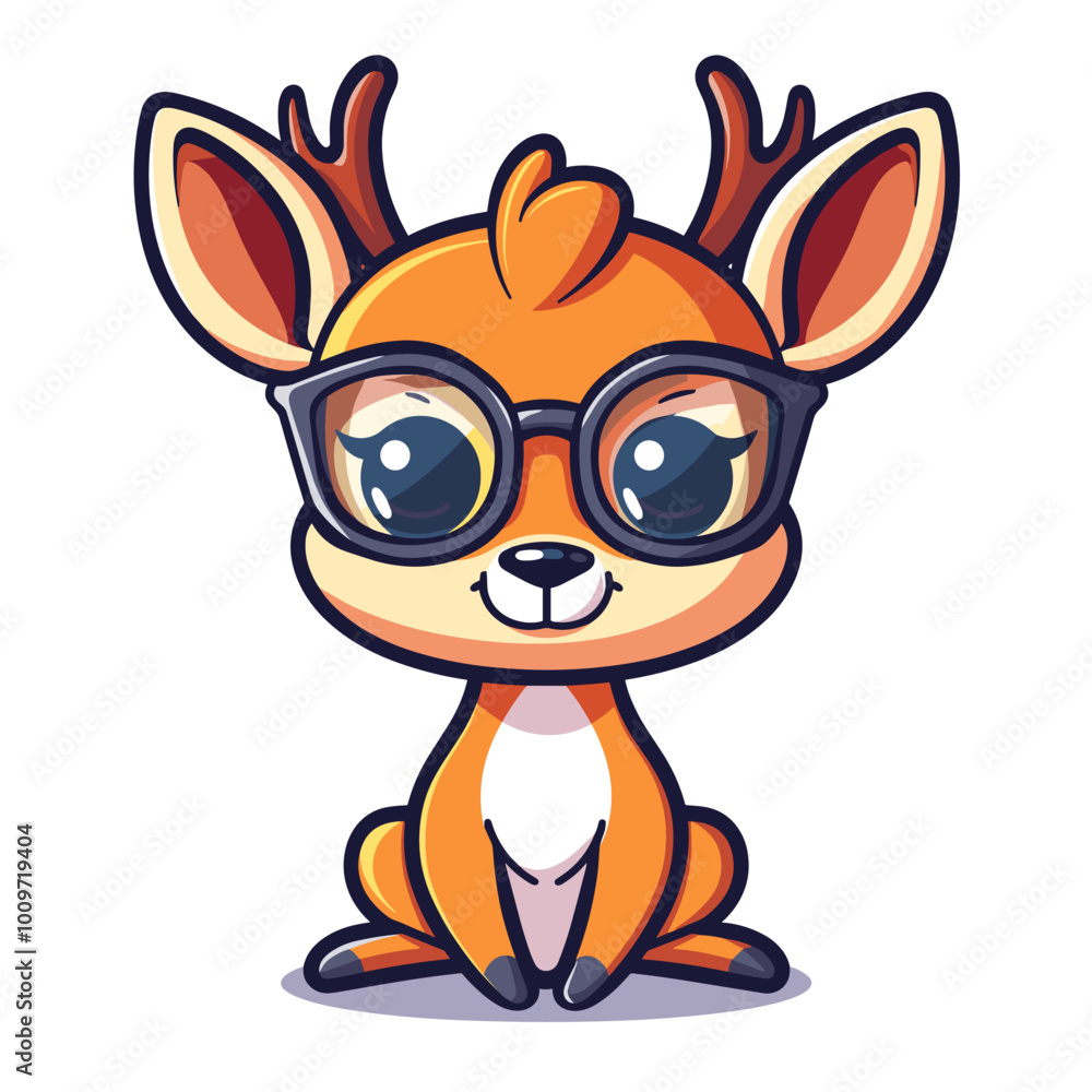 Fototapeta premium A cartoon deer wearing glasses is sitting on the ground. The deer has a smile on its face and he is happy