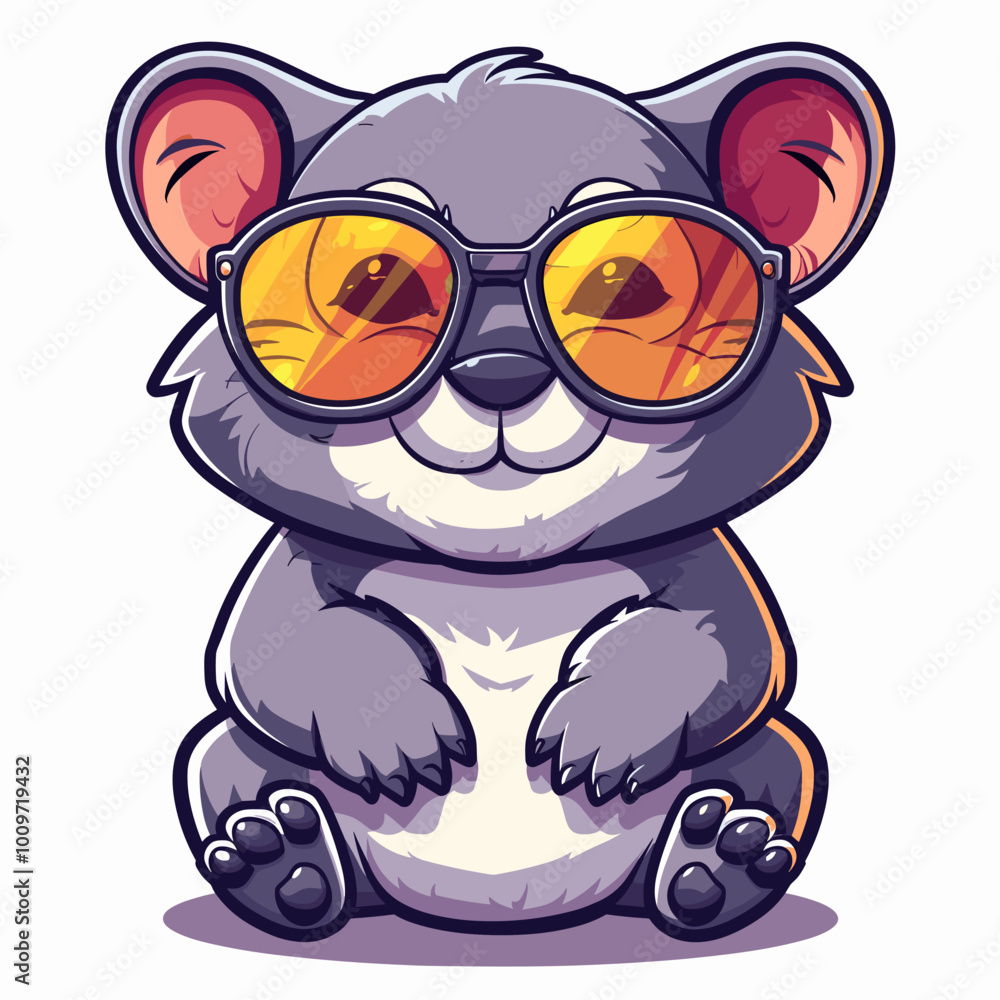 Naklejka premium A cartoon bear is wearing sunglasses and sitting on a white background. The bear has a happy expression on its face, and the sunglasses give it a cool and relaxed vibe
