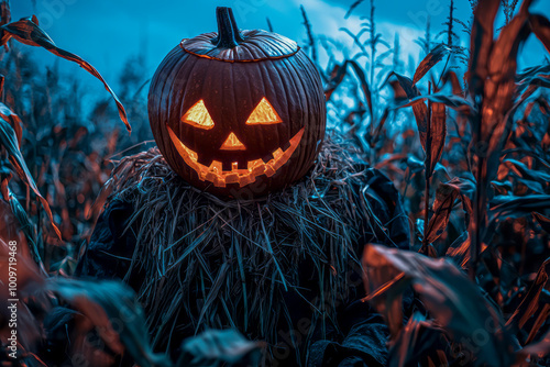 Spooky Pumpkin Scarecrow Haunting Cornfield at Night - Eerie Halloween Image in Rural Setting for Content Creators and Designers photo